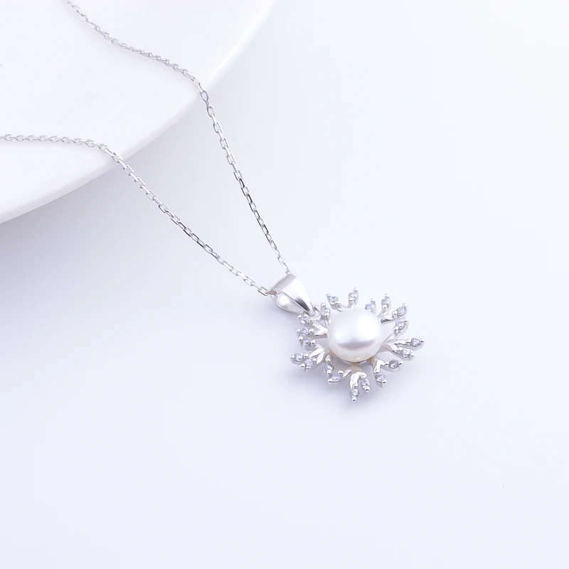 Pekurr 925 Sterling Silver Snowflake Shape Flower CZ Branch& Freshwater Natural Pearl Necklaces Pandents For Women Jewelry