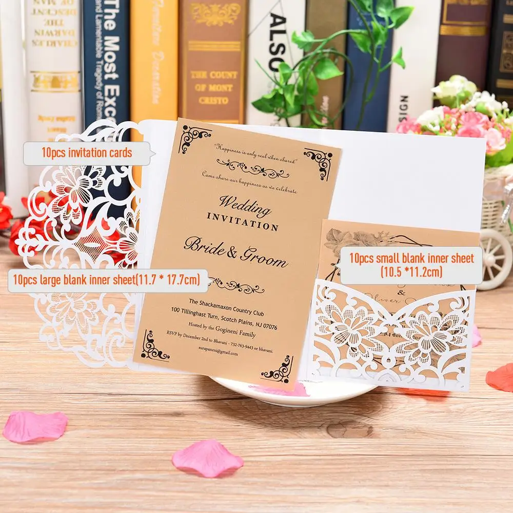  10pcs Pearl Paper Floral Laser Cutter Wedding Invitation Cards Invitation Holders with Blank Inner  - 4.00032E+12