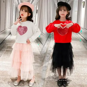 

New Fashion Girls Skirt Set Spring Autumn Children Love Sequins Sweatshirts + Lace Shinny Layered Skirts Kids Clothing Set 4-13T