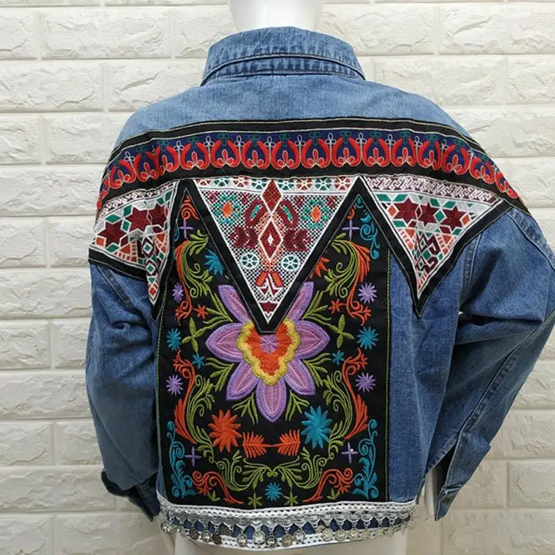 Promo  Ethnic Vintage Denim Jackets Turn-Down Collar Chic Back Beading Floral Embroidery Denim Coats Long 