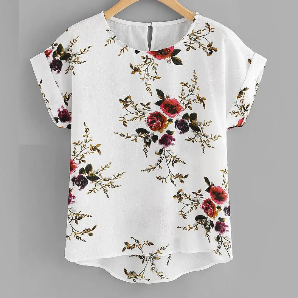 Летняя модная блузка с цветочным принтом, пуловер, женская футболка с круглым вырезом, женская рубашка с коротким рукавом, Blusas Femininas, одежда