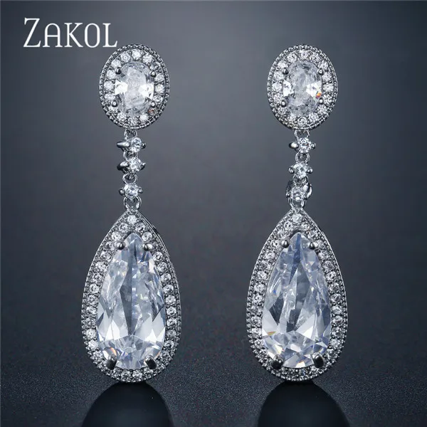 White 3 ZAKOL роскошные длинные висячие серьги для элегантных женщин Свадебные украшения AAA+ капли воды кубический циркон свадебные серьги FSEP029 - Окраска металла: White 3