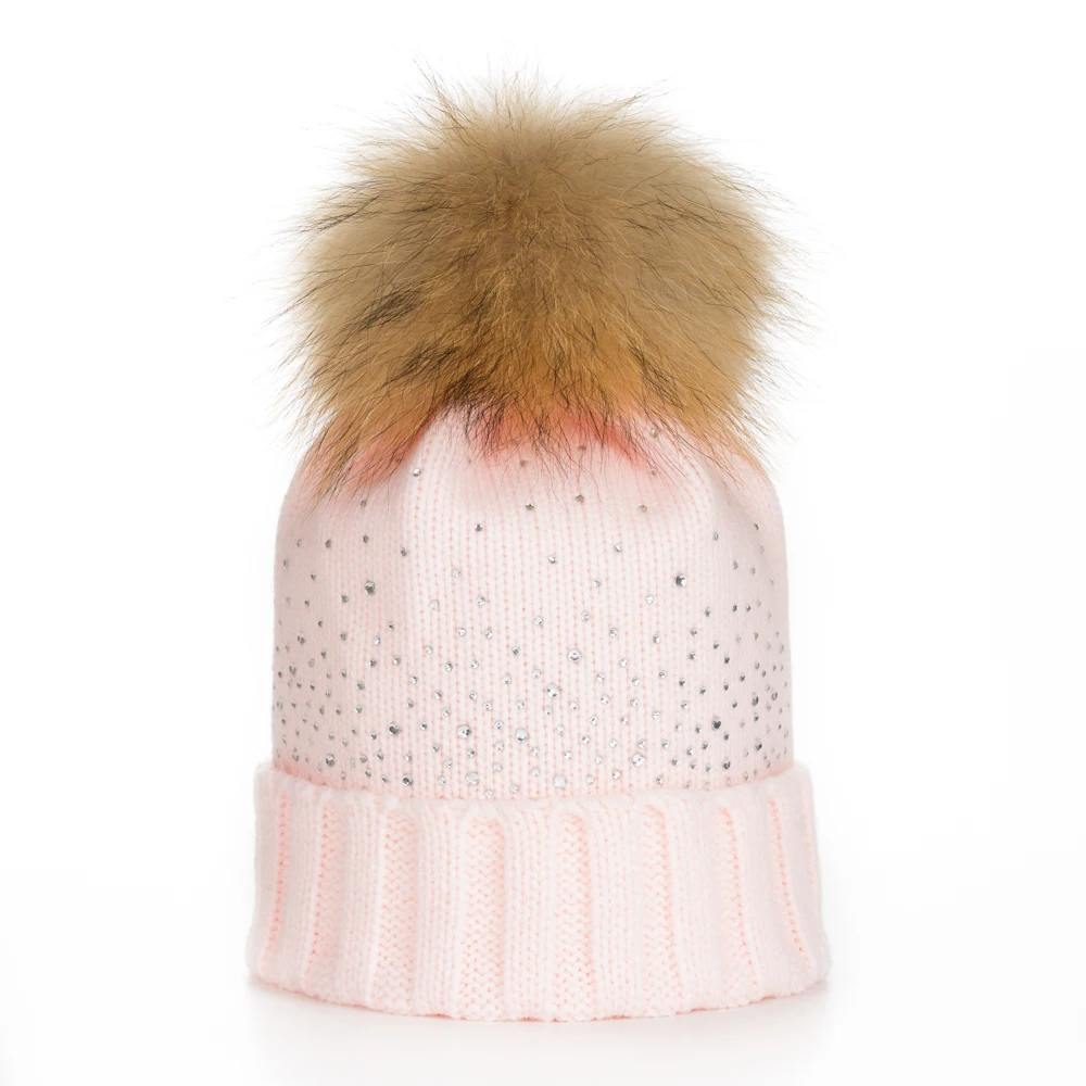 13cm natural pom Хрустальная Детская вязаная шапка, детская теплая шапка с мяч из натурального меха енота, помпоны, От 1 до 6 лет детей - Цвет: 13cm natural pom
