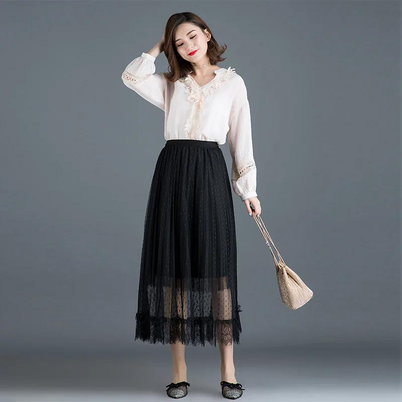 

Fashion Net Yarn Long Skirt Women's 2021 Summer New Elastic Waist Stitching Lotus Leaf Popular Black Pleated Skirt