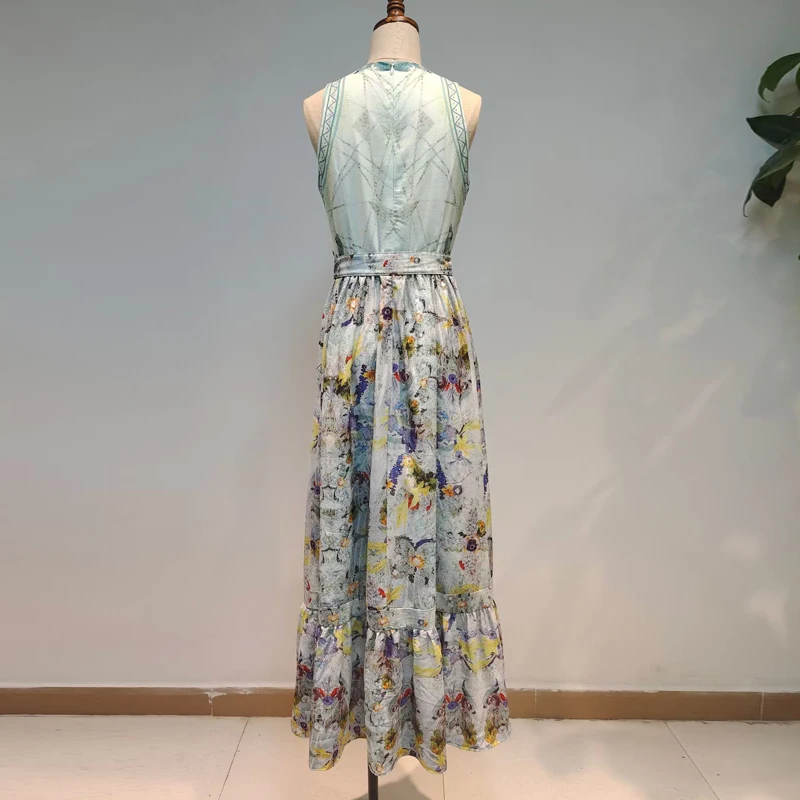 お得なセット ドレス春夏ノースリーブの女性21滑走路ファッションニューグリーンフラワープリントaラインサッシロングエレガントなドレス 安くて良い品質 Ongoing Southloopmarket Com