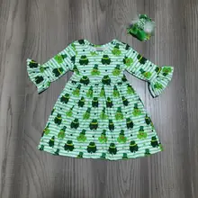 Весенняя детская одежда для маленьких девочек на День Святого Патрика; хлопковое зеленое платье в полоску с оборками и трилистником; изысканное платье до колена с бантом