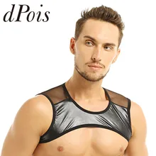 Искусственная кожа для мужчик Лоскутная дышащая без рукавов, прозрачный сетчатый топ на бретелях, жилет, Клубная одежда, сценический костюм, укороченные топы