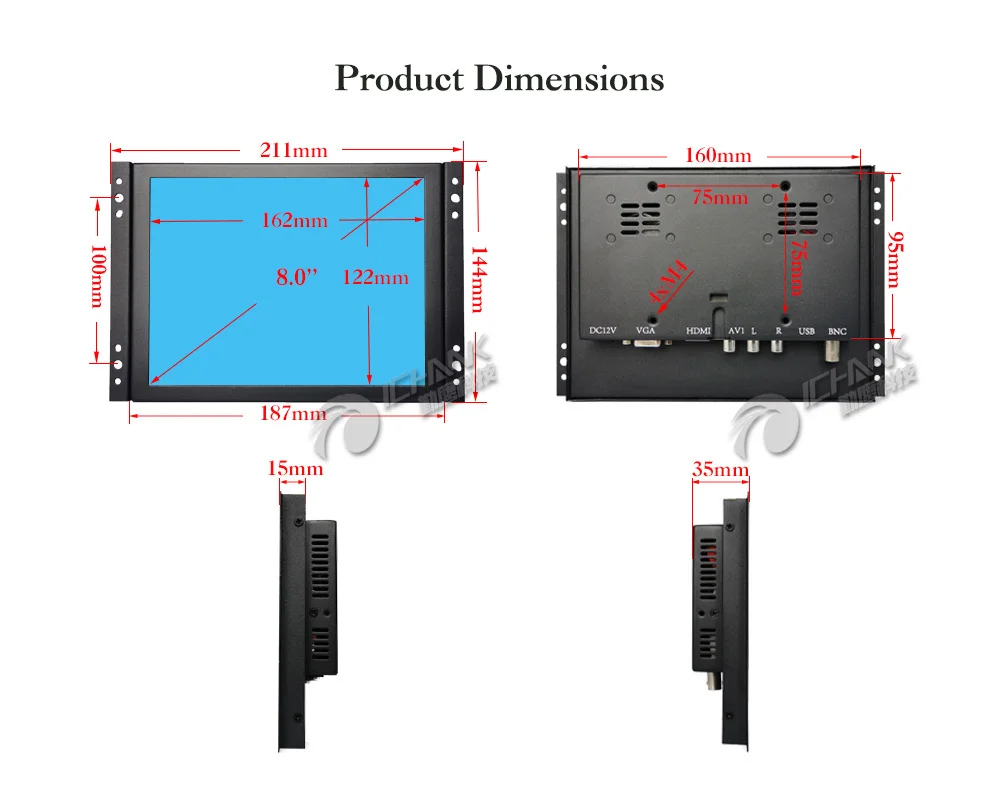 ZK080TN-7052/" дюймовый 1024x768 AV BNC Встроенный Открытый каркас питания на загрузке монитор/8" дюймовый металлический корпус промышленный ПК Дисплей Монитор