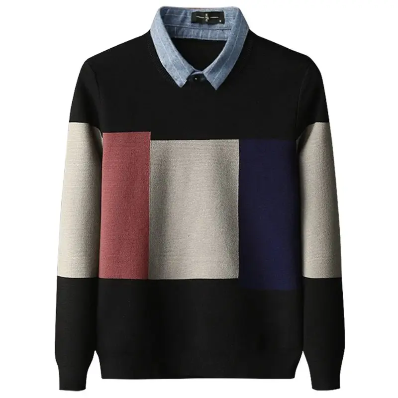 

Men's Fake Two-Piece Sweater Korean Men's Loose Base Shirt Fake Two-Piece Shirt Collar Sweater Autumn and Winter