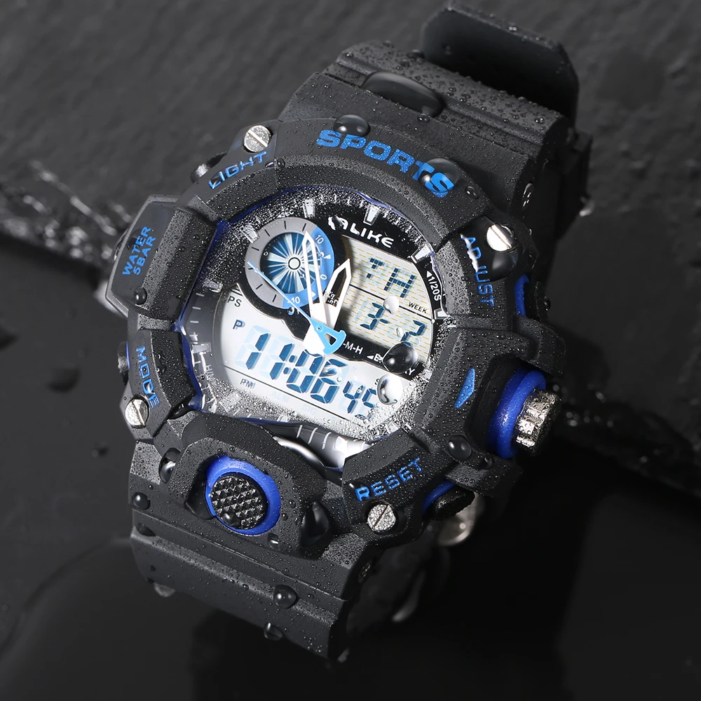 Роскошные Аналоговые Цифровые кварцевые мужские часы с реальным током, новинка, брендовые модные водонепроницаемые спортивные военные часы Sanda G style 50m - Цвет: Синий