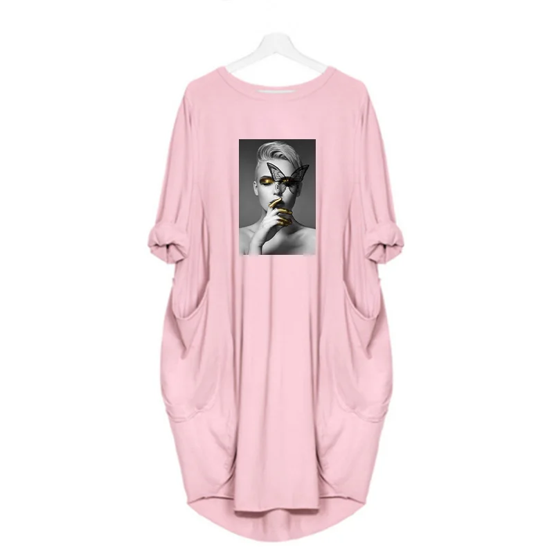 Plus Size Nordic Art Dress Butterfly Girl Cool Women Midi Dresses O-Neck Autumn Thin Long Sleeve Pockets Loose Party Vestidos
