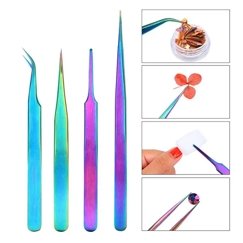 

4PCS Eyelashes Tweezers Eyelashes Tweezers Colorful Stainless Steel Superhard Tweezers Anti-Static Tweezers Makeup Tools