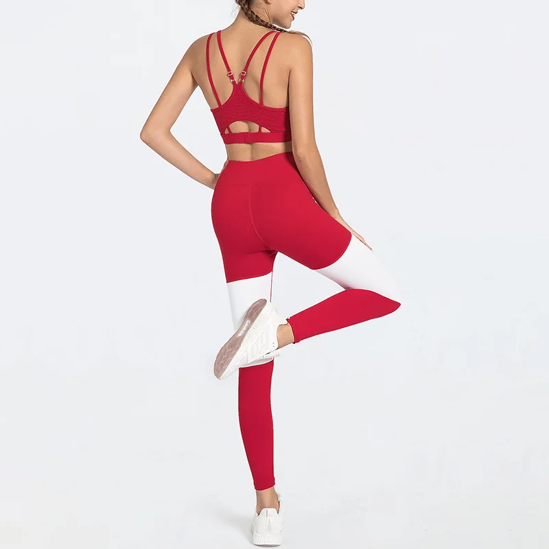 Women Yoga Set Tracksuit Contrast Stitching Workout Clothes Sexy Beauty Back Running Fitness Leggings Sports Suit Gym Sportswear