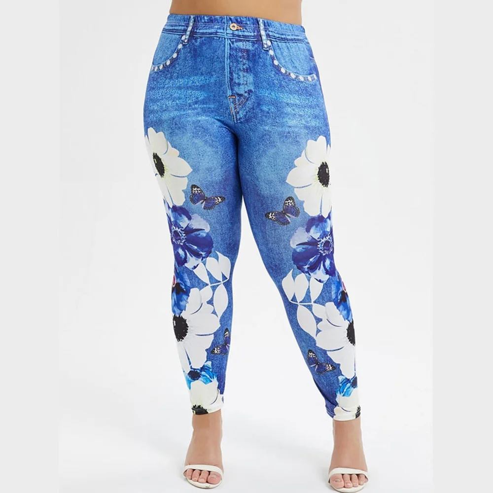 

3XL High Waist Fitness Leggings Floral Printed Imitation Denim Leggings Pants Female Bodybuilding Fitness Jeggings Women Pants