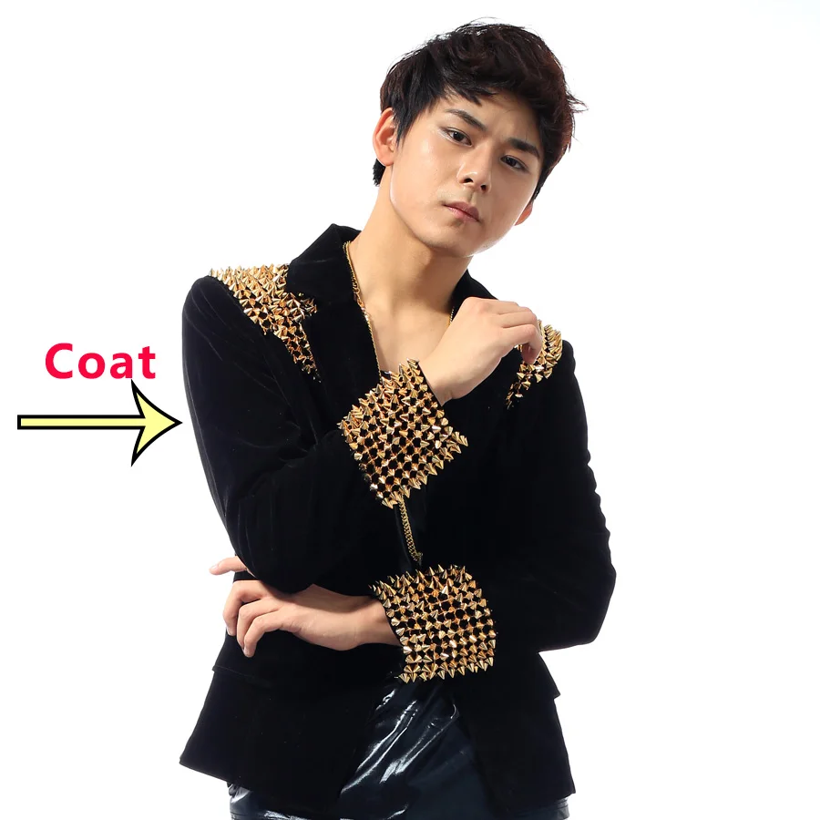 Only Black Coat Новая мода для певцов в ночном клубе костюм мужской костюм пальто золотые заклепки певцы Одежда Мужской GoGo танцевальная футболка бодибилдера DJ костюм BL2184 - Цвет: Only Black Coat