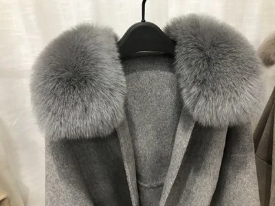 gray Женское зимнее кашемировое пальто средней длины с натуральным лисьим мехом в Корейском стиле, теплое плотное пальто с большими карманами, женская верхняя одежда - Цвет: gray