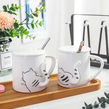 

Creative Cartoon 3D Tail Cat Ceramic Cup with Lid Spoon Breakfast Milk Coffee Mug 350ml Household Water Mug for Women Man Lovers