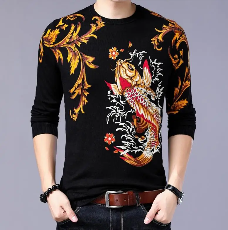 style5 Koi Fish футболка работа японский Карп цветочный принт футболка с длинным рукавом мужская повседневная весенне-осенняя хлопковая трикотажная футболка - Цвет: style5