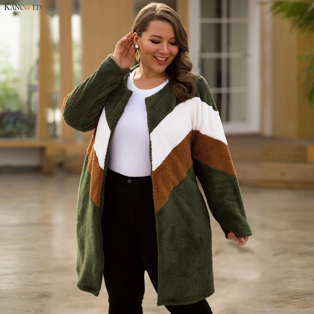discounted  KANCOOLD coats Women Plus Size O-neck Contrast Color Stitching Cardigan Zipper Loose Plush new coat