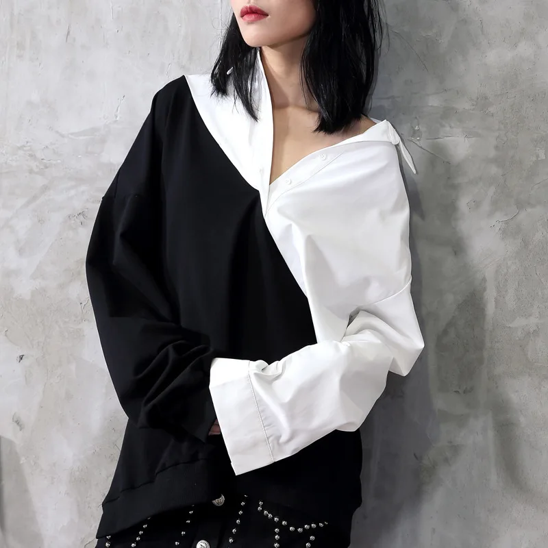 

SexeMara 2019 Autumn New Ireegular Splicing Solid Color Turn-down Collar Full Sleeve Ladies Fashion Loose Shirt CST058
