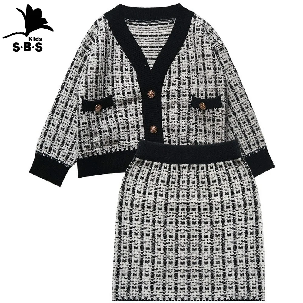 

Girls Knit Cardigan Suit Sweater Jacket with Skirt 2019 Autumn and Winter Children Clothes for Girls Fashion Set Two-piece