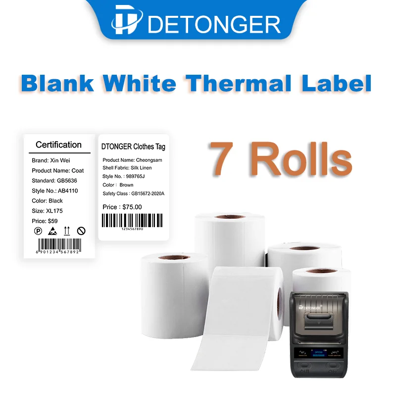 White Thermal Label Printer Paper 7 Rolls Sticker Adhensive Bacord QR Code Price Tag Waterproof Oilproof Scratchproof Anti Alcoh