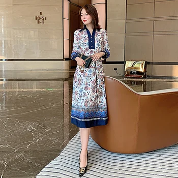

Runway High Quality Summer 2020 New Women'S Party Casual Workplace Lapel Print Vintage Chic Elegant Fashion Midi Dress