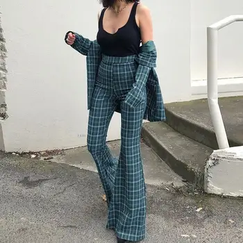 

Women Fashion Flare Pants Wide Leg Pants High Wasit Retro Plaid Pattern Bell-Bottom Long Trousers Casual Skinny Pants