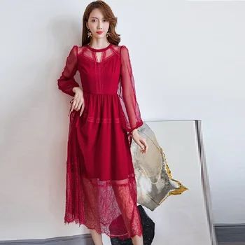 

Autumn Fashion Ladies mesh long Dress pinched waist lace patchwork puff sleeve elegant dress plus size longos vestido big size4X