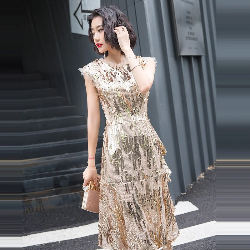 

Evening Dress A-line Elegant Women Party Dresses Ruffles Sequins Zipper Robe De Soiree 2019 O-neck Sleeveless Formal Gowns F223