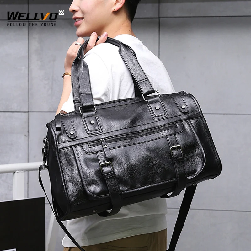 Men's Leather Travel Bag Large Duffle Business Big Fitness Shoulder Bags Carry on Weekend Handbag Luggage Pack Soft PU XA605ZC