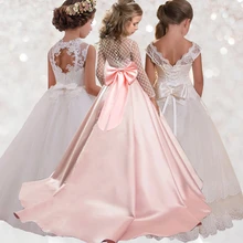 Кружевное нарядное платье со шлейфом для девочек, костюм бальное платье для выпускного вечера для детей, Элегантное свадебное платье длиной до щиколотки для девочек, LP-204