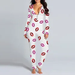NEW Women Pajamas Onesies Button-down Front Functional Buttoned Flap Adults Pyjama V-neck Long Sleeve Jumpsuit Female Sleepwear