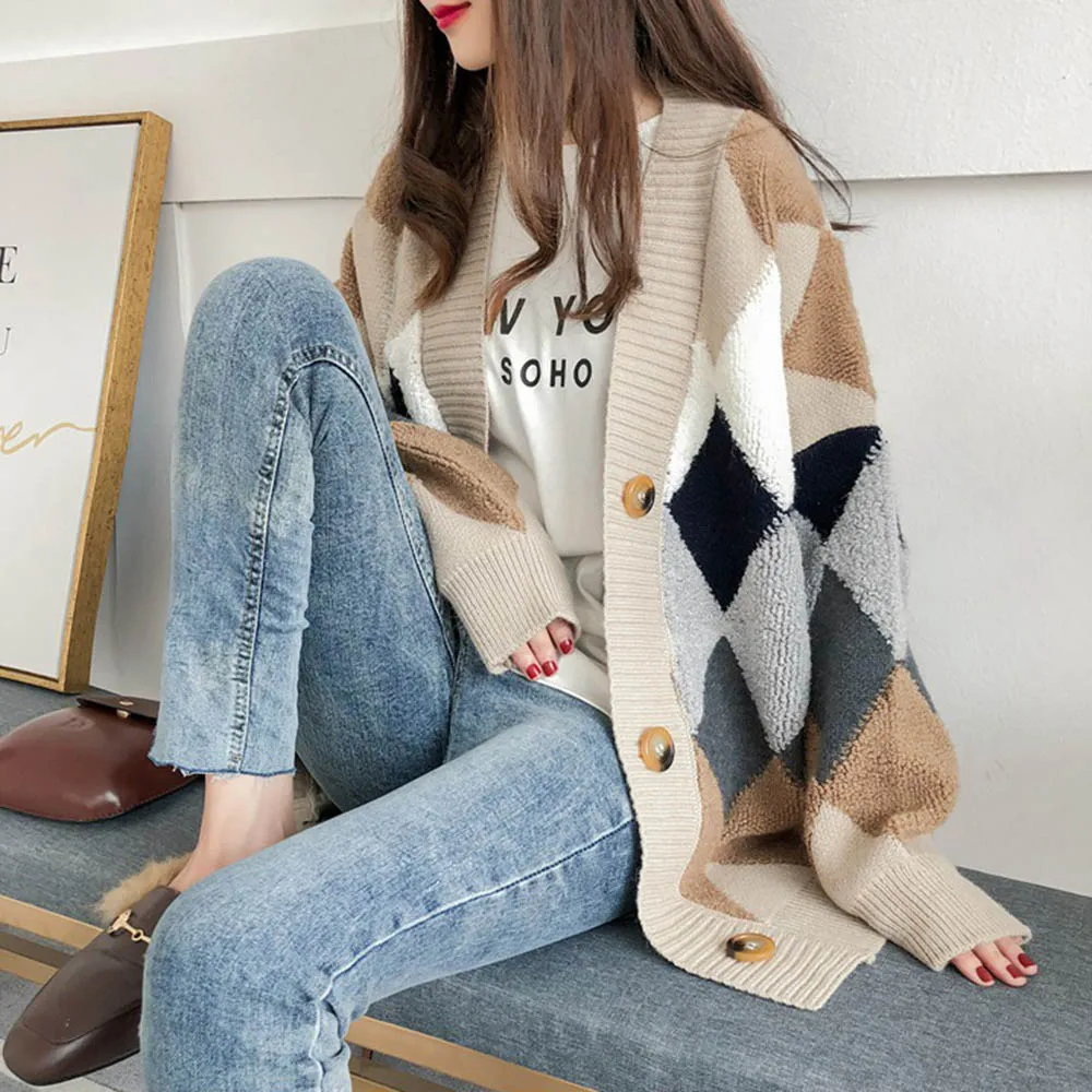 Loose Cardigan Sweater Coat Jacket Colorful Diamond Lattice Knit Korean Style Knitted Cardigan Single Breast Sweaters Women Tops