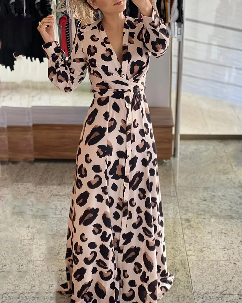 Vestido largo de manga larga con estampado de leopardo para mujer, vestido de con escote en V, botones, diseño cintura - AliExpress Ropa de mujer