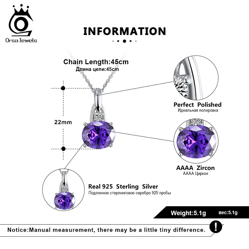 ORSA JEWELS Настоящее 925 фиолетовое скользящее овальное ожерелье с кулоном высшего класса циркониевое Стерлинговое Серебро ожерелья вечерние изысканные ювелирные изделия SN203