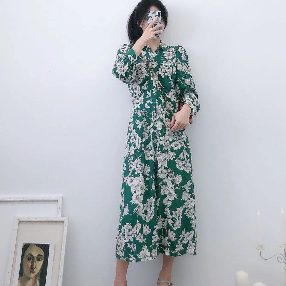 

Vintage Floral Print Women Long Dress Turn-down Collar Single-breast Shirts Dresses Autumn Spring Full Sleeve A-Line Maxi Dress