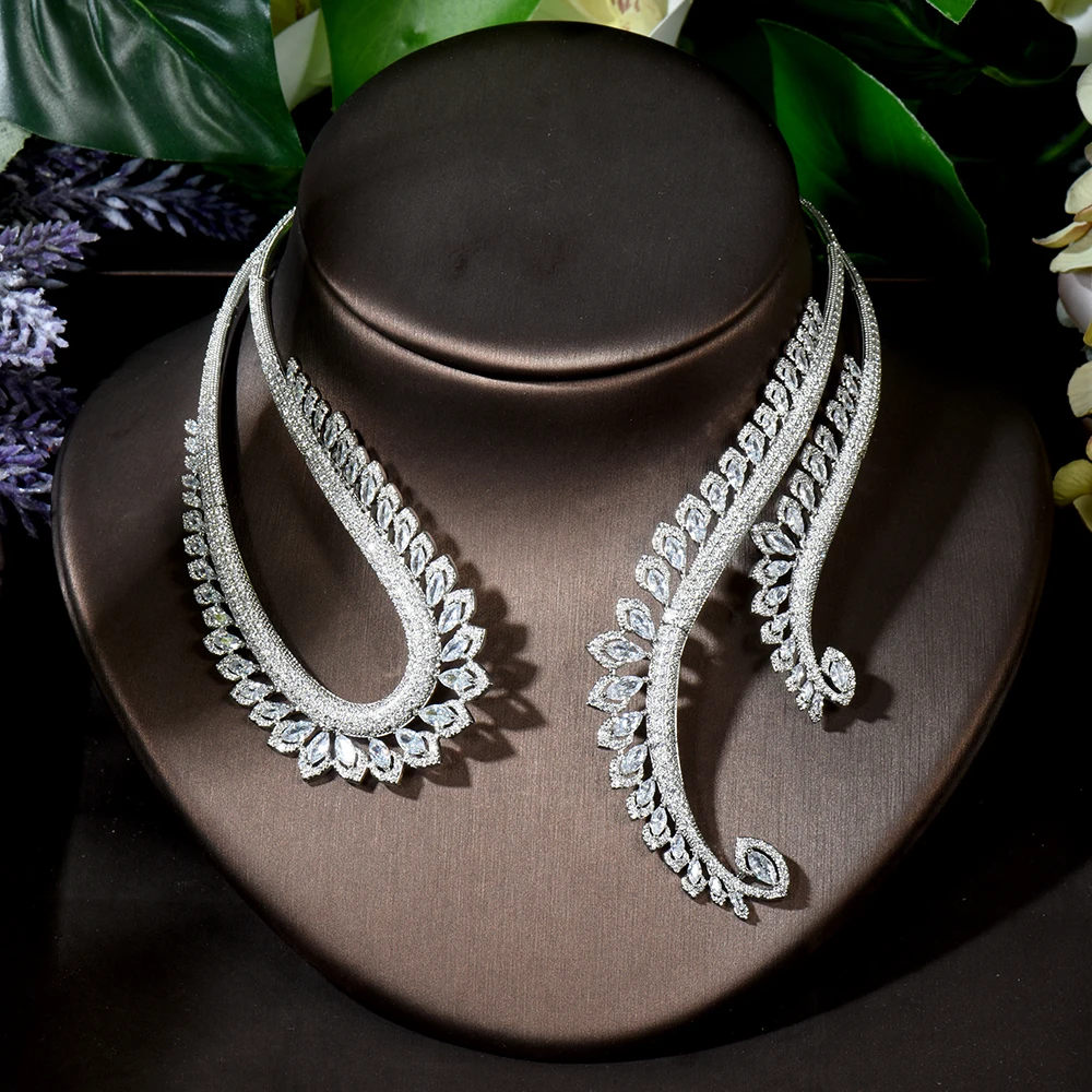 HIBRIDE Luxury 2PCS Feather Chokers Jewelry Sets For Women Wedding Cubic Zirconia CZ Dubai Bridal Jewelry Set Dance Party N-1655 - Image 4