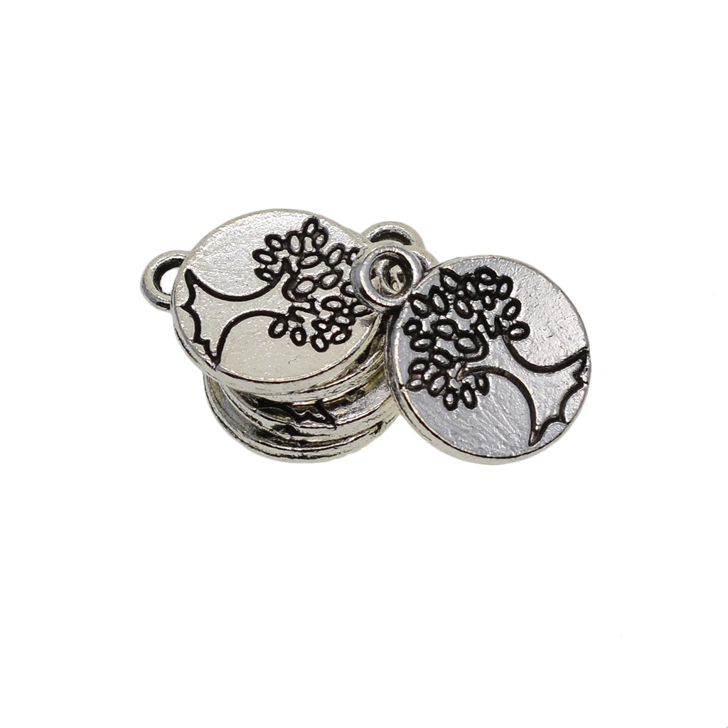 Wholesale 50pcs Tibetan silver color Plated Engraved Tree of life Charms Pendants for Jewelry Making DIY Handmade Craft Accessory 15mm