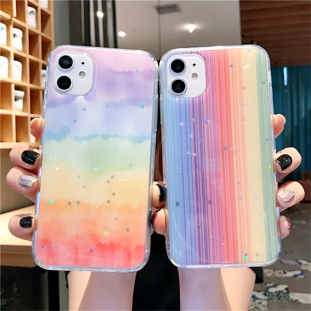 Cute Phone Case For Iphone 11 Pro Max X Xr Xs 8 7 6 6s Plus Se 2 Rainbow Soft Tpu Cover Clear Gradient Trendy Girl Glitter Phone Case Covers Aliexpress