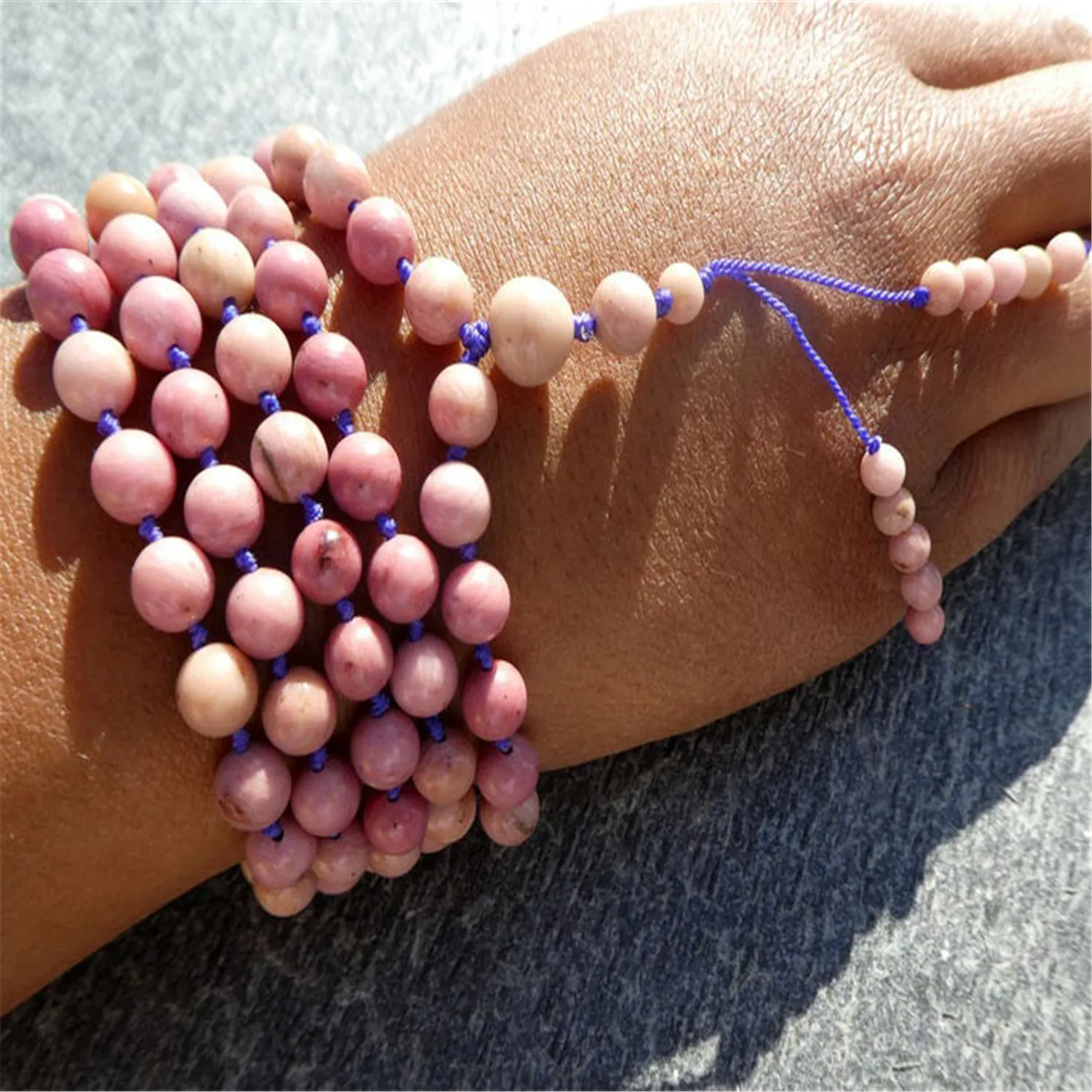 6mm Natural Rhodochrosite 108 Beads Tassel Knotted Necklace Spirituality Buddhist Reiki Cuff Wrist Handmade Elegant Healing