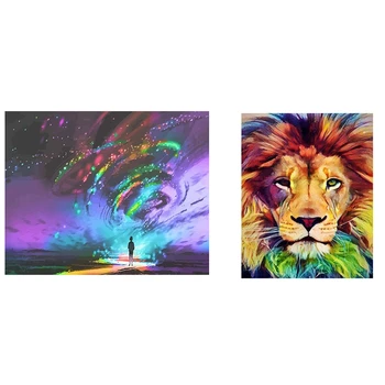 

2 set Painting By Numbers Diy Frameless Paint By Numbers Animals Digital Painting on Canvas - Colourful Lions & aurora