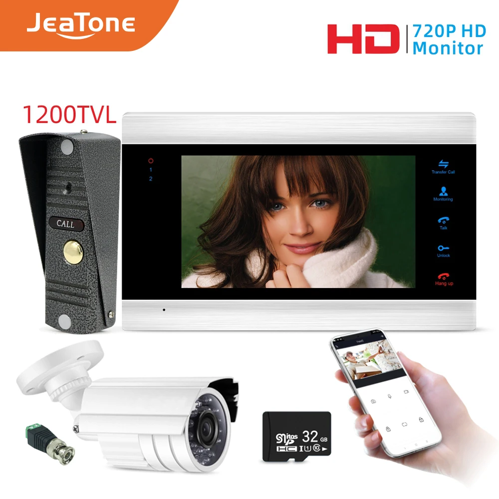 Jeatone 7'' WiFi IP Video Door Phone Intercom System+Waterproof 1200TVL Mini Doorbell and CCTV Camera , Support Remote unlock