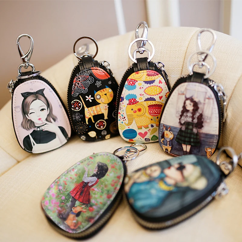 Fashion Painted Design Key Bag for Women Small Leather Key Wallets Housekeepers Car Holder Case