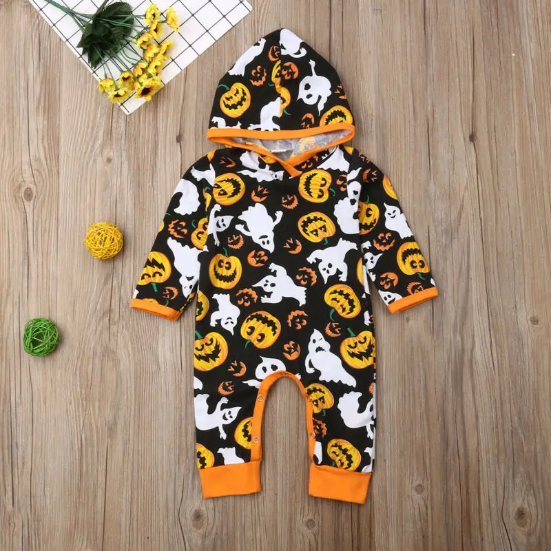 Newborn Kids Baby Boys Clothes Halloween Pumpkin Hooded Romper Long Sleeve Rompers Cotton Jumpsuits One Piece Clothes Outfits