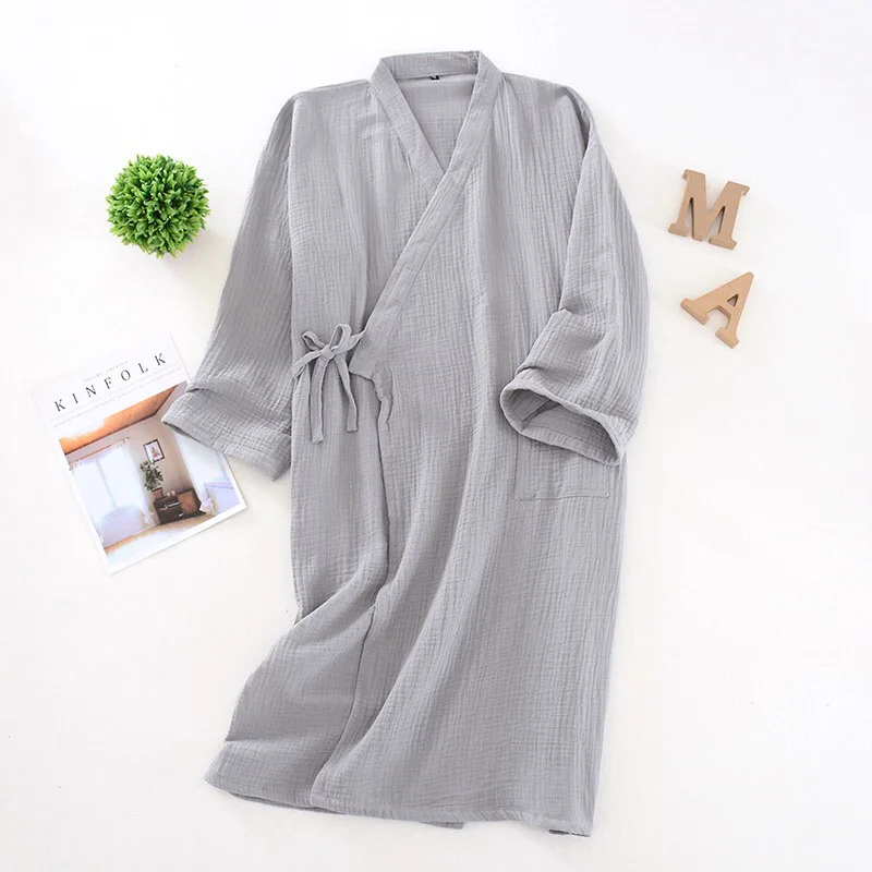 light grey Весна и осень новые мужские ночные халаты удобные свободные кимоно одежда для сна хлопок креп сплошной цвет домашняя одежда кардиган для мужчин - Цвет: light grey