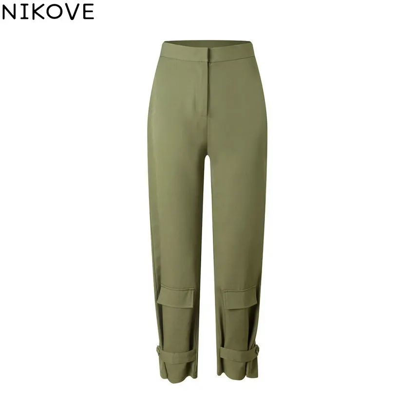 

NIKOVE 2019 Fashion Women Pants High-waist Stitching Pocket Overalls Casual Trouser Size S-XL