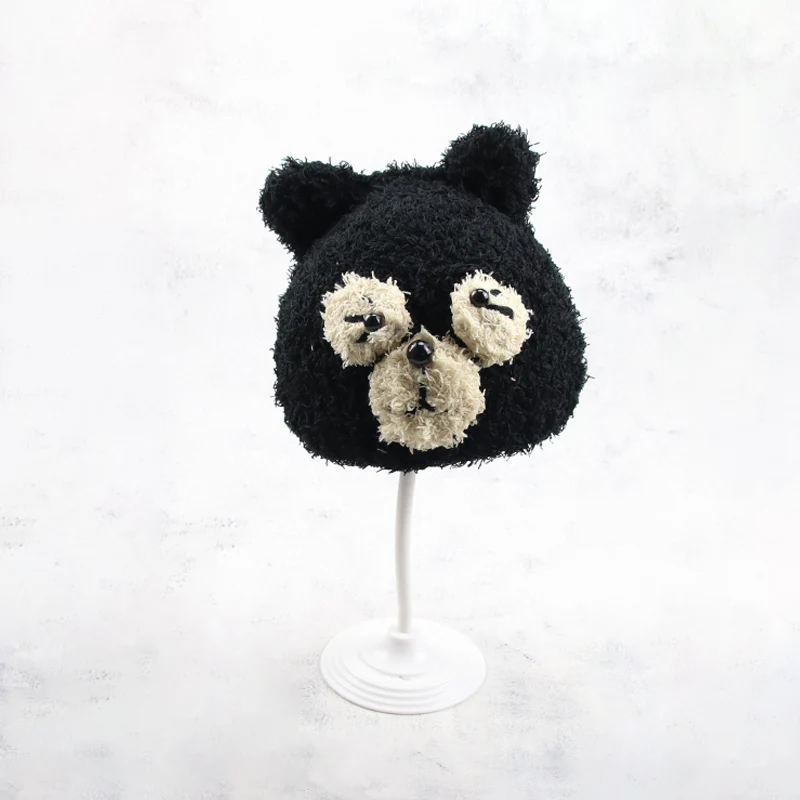 Детская Вязаная Мягкая шерстяная шапка для новорожденных, милая детская шляпа, шапочка для ребенка с медведем, теплая шапочка с изображением животных для маленьких девочек, шапочки ручной работы - Цвет: Black