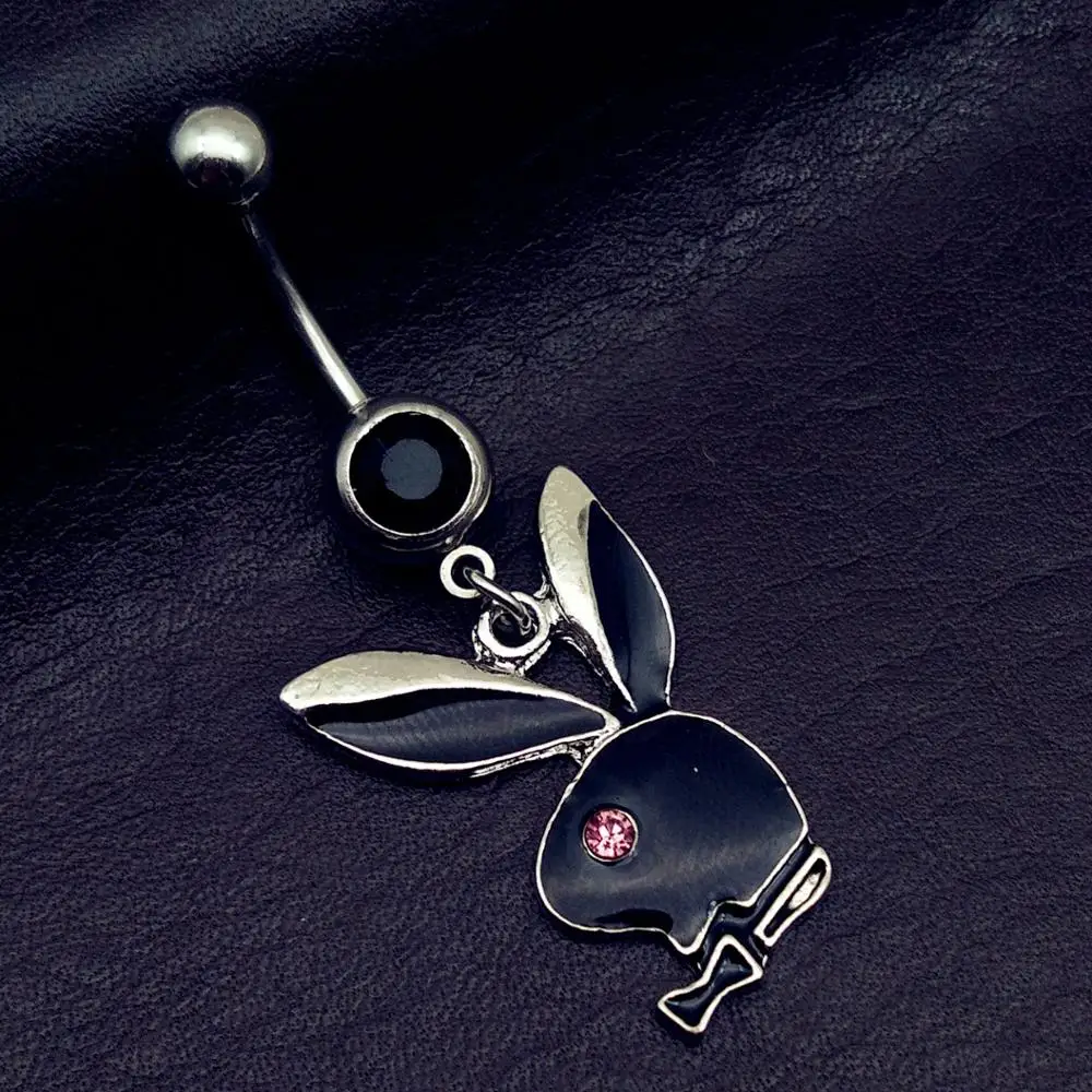 

Cute Rabbit Belly Button Ring Surgical Steel Body Jewelry Piercing Ring Classic Pink Rhinestone Navel Ring