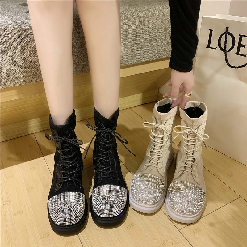 Модные Ботинки martin zapatos mujer, 2109 г. Блестящие стразы на шнуровке, квадратный каблук 3,5 см, размер 35-40, bota feminina